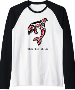 Montecito, California Native American Orca Killer Whales Raglan Baseball Tee