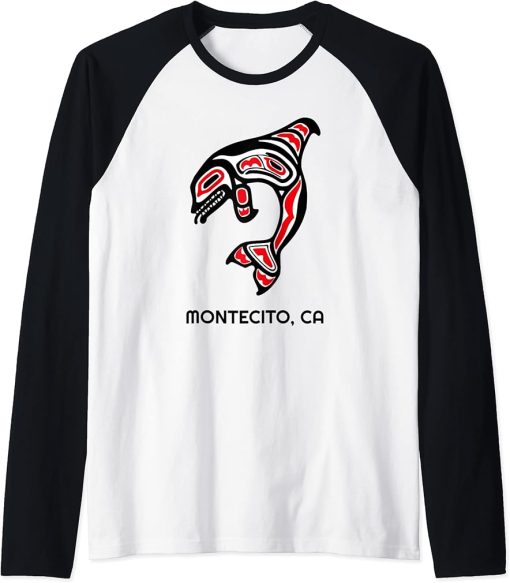 Montecito, California Native American Orca Killer Whales Raglan Baseball Tee