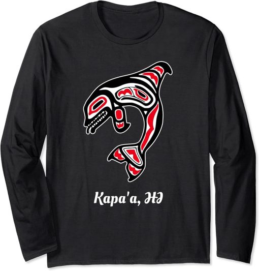 Native Kapa"a Hawaii Red Orca Killer Whale Long Sleeve T-Shirt