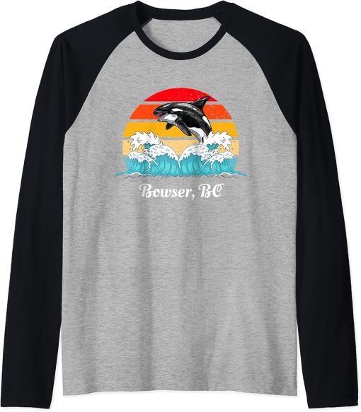 Vintage Bowser BC Distressed Orca Killer Whale Art Raglan Baseball Tee